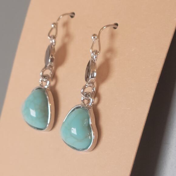 Turquoise Heart Dangle Earrings Silver Tone Hook Pierced Drop Jewelry Gift Bag - Picture 7 of 10